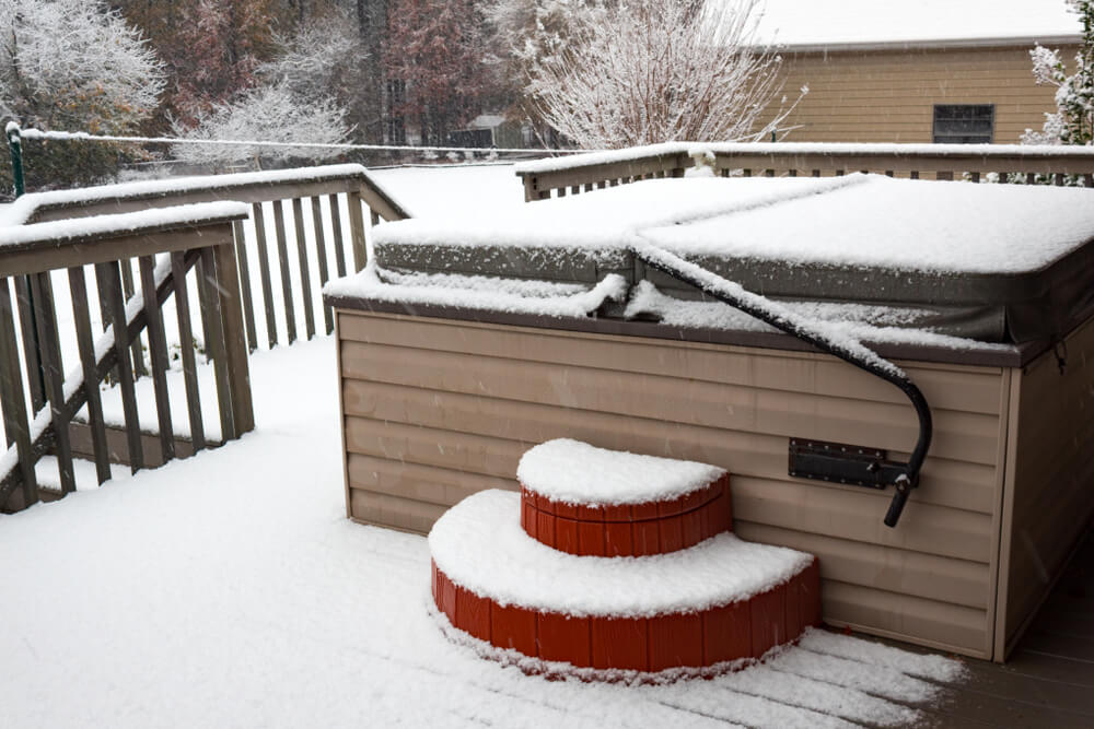 Covered Hot Tub on a Residential Porch in a Snow Storm