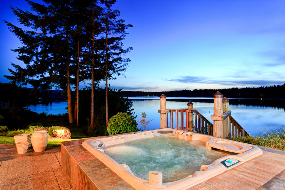 Awesome Water View With Hot Tub at Dusk in Summer Evening