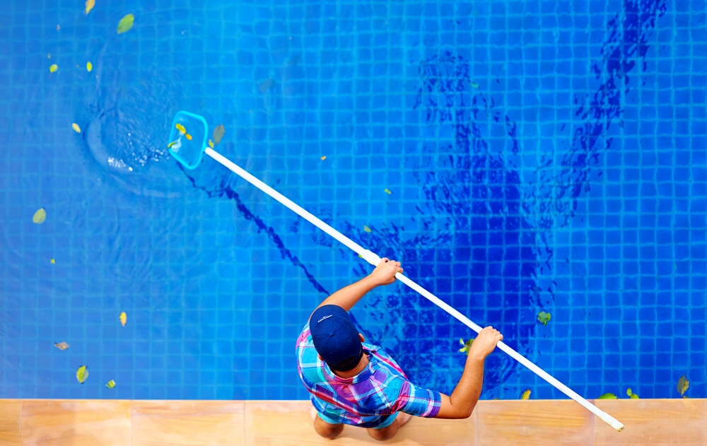 Young Adult Man, Personnel Cleaning the Pool From Leaves
